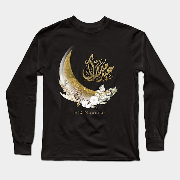 Eid Mubarak | Arabic Calligraphy | Gold Moon Long Sleeve T-Shirt by Arabic calligraphy Gift 